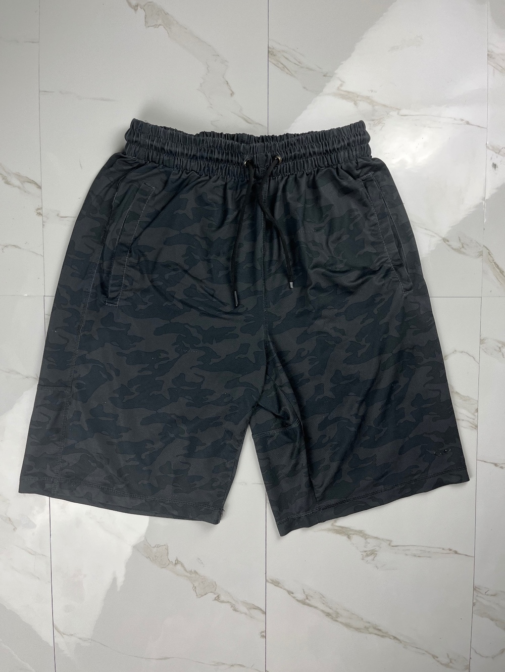 Men's Black and Gray Camouflage Athletic Shorts with Drawstr